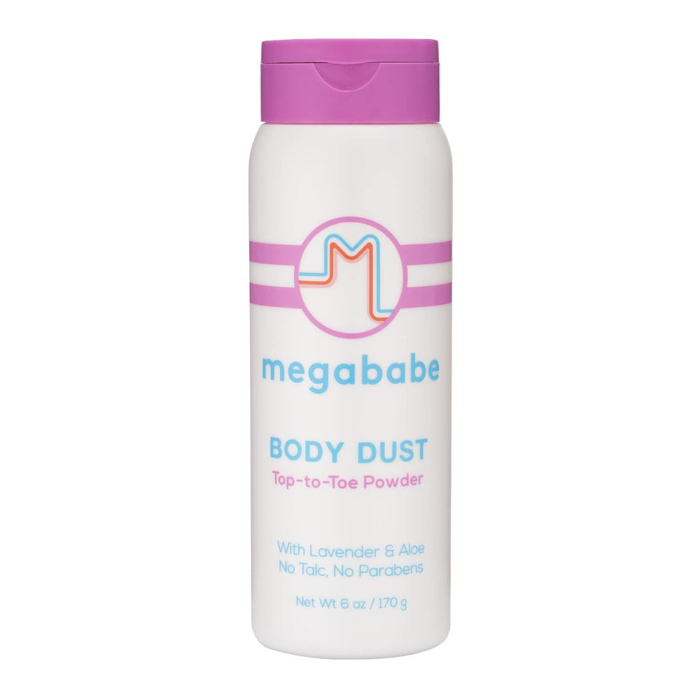 Megababe Body Dust lavender bottle close-up highlighting talc-free formula and calming scent