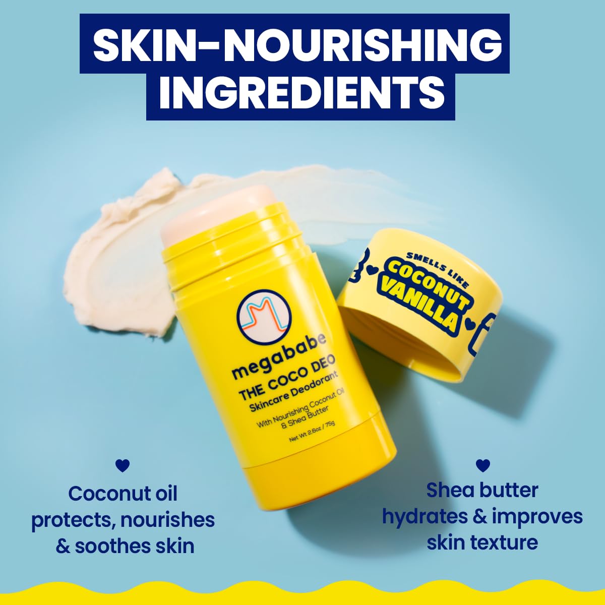 Megababe Coco Deo shea butter moisturizes and improves skin texture.
