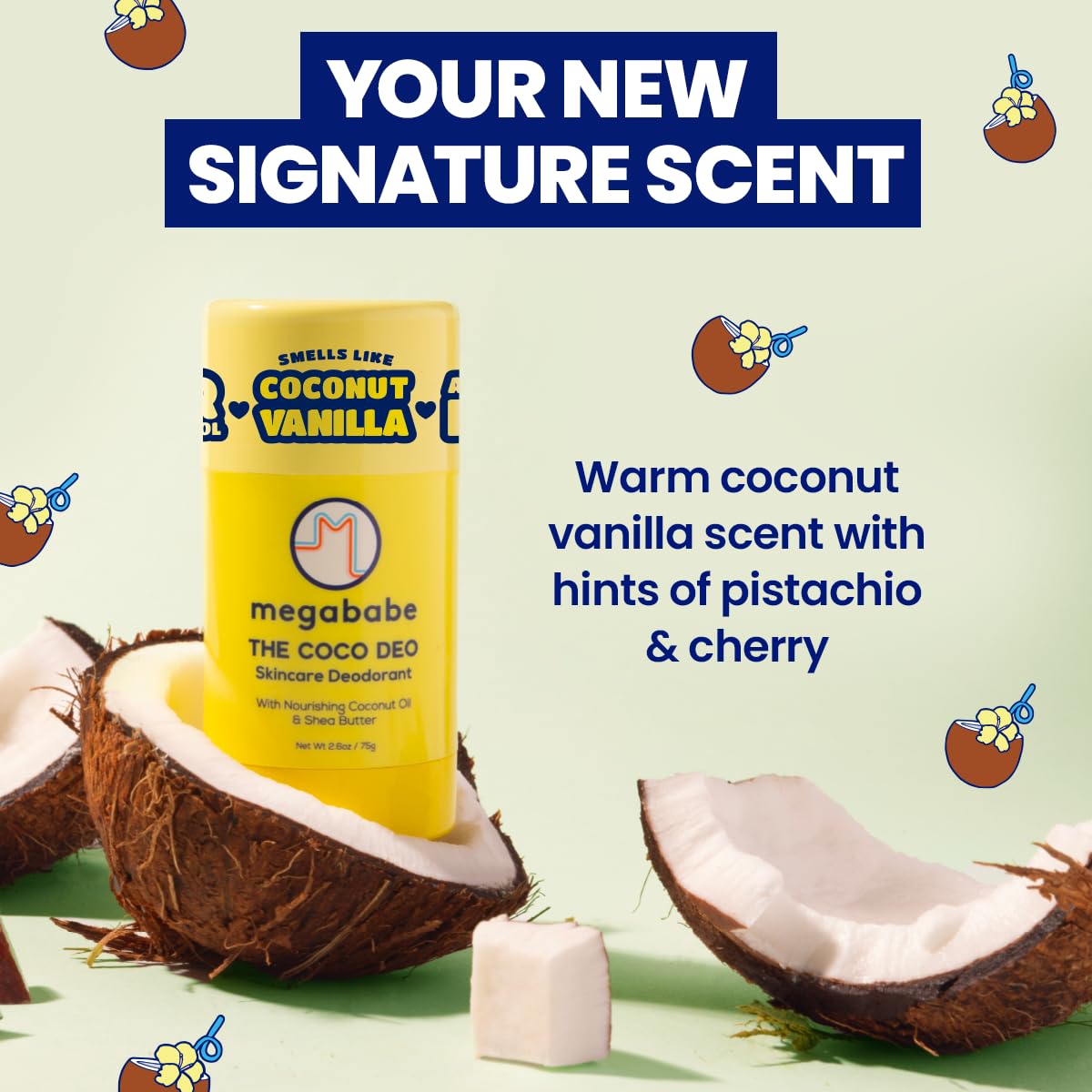 Megababe Coco Deo warm coconut vanilla scent for daily freshness.