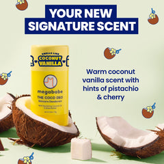Megababe Coco Deo warm coconut vanilla scent for daily freshness.