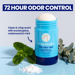 Megababe Daily Deodorant multi-mineral blend neutralizes odor with gentle skin care.