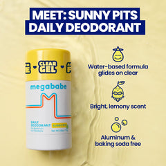 Megababe Daily Deodorant Sunny Pits packaging highlights vegan formula and skin-safety