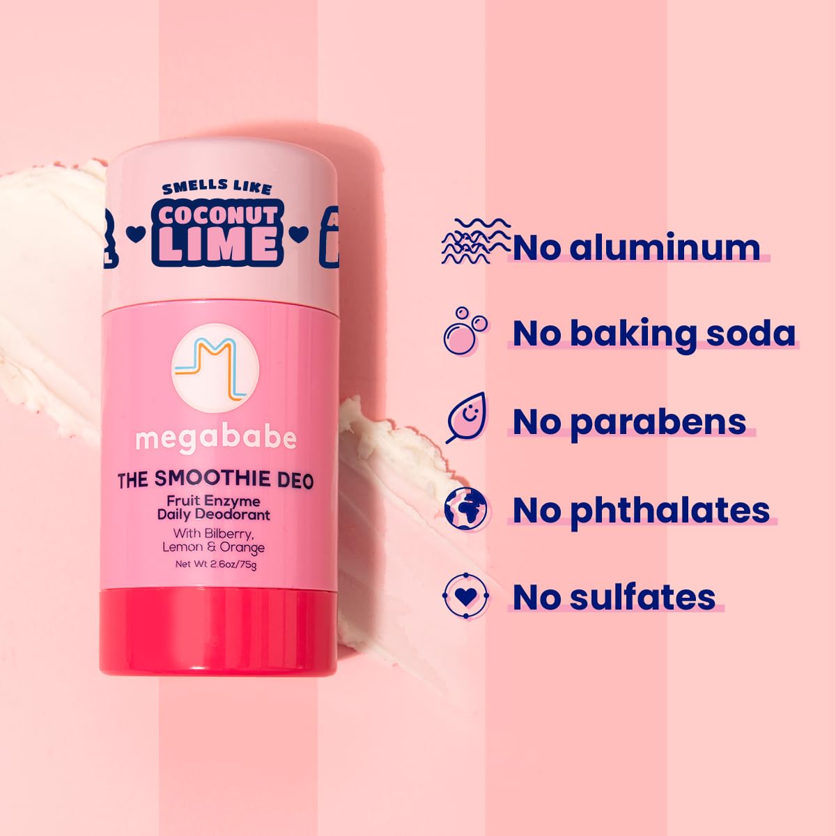 Megababe Daily Deodorant vegan stick delivering a smooth glide.