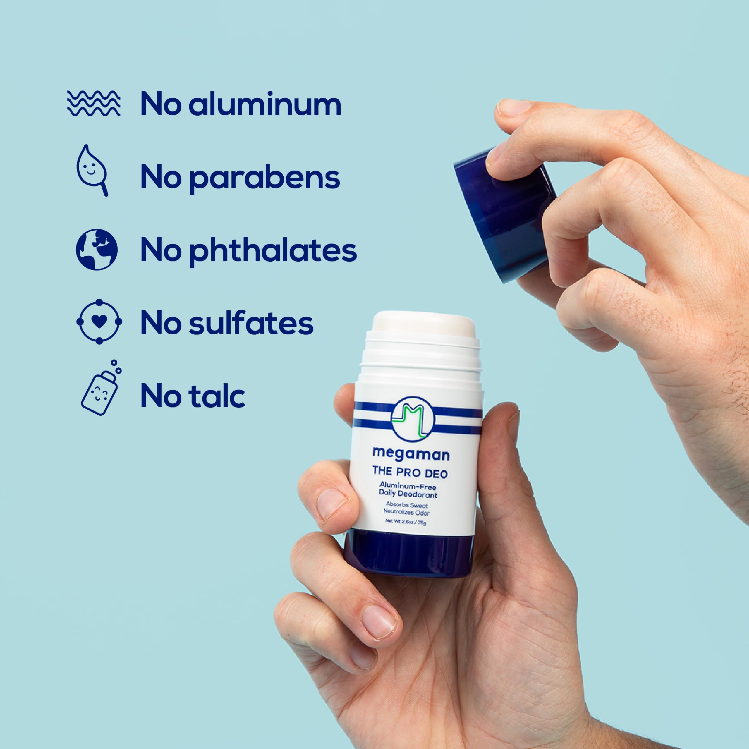 Megababe Megaman Pro Deo ingredients-list highlighting natural deodorizers for odor control