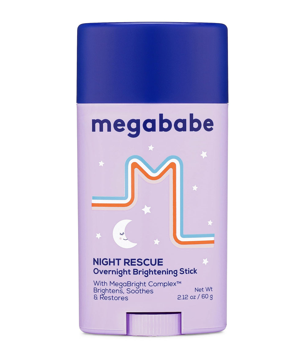 Megababe Night Rescue brightening bottle highlights a multi-tasking formula for even skin tone