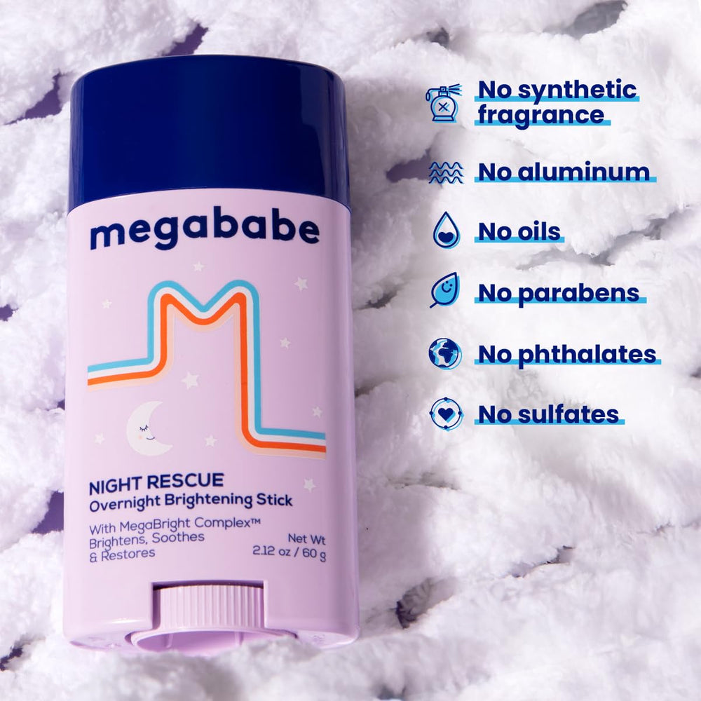 Megababe Night Rescue overnight soothing formula shown as calm, irritated skin relief