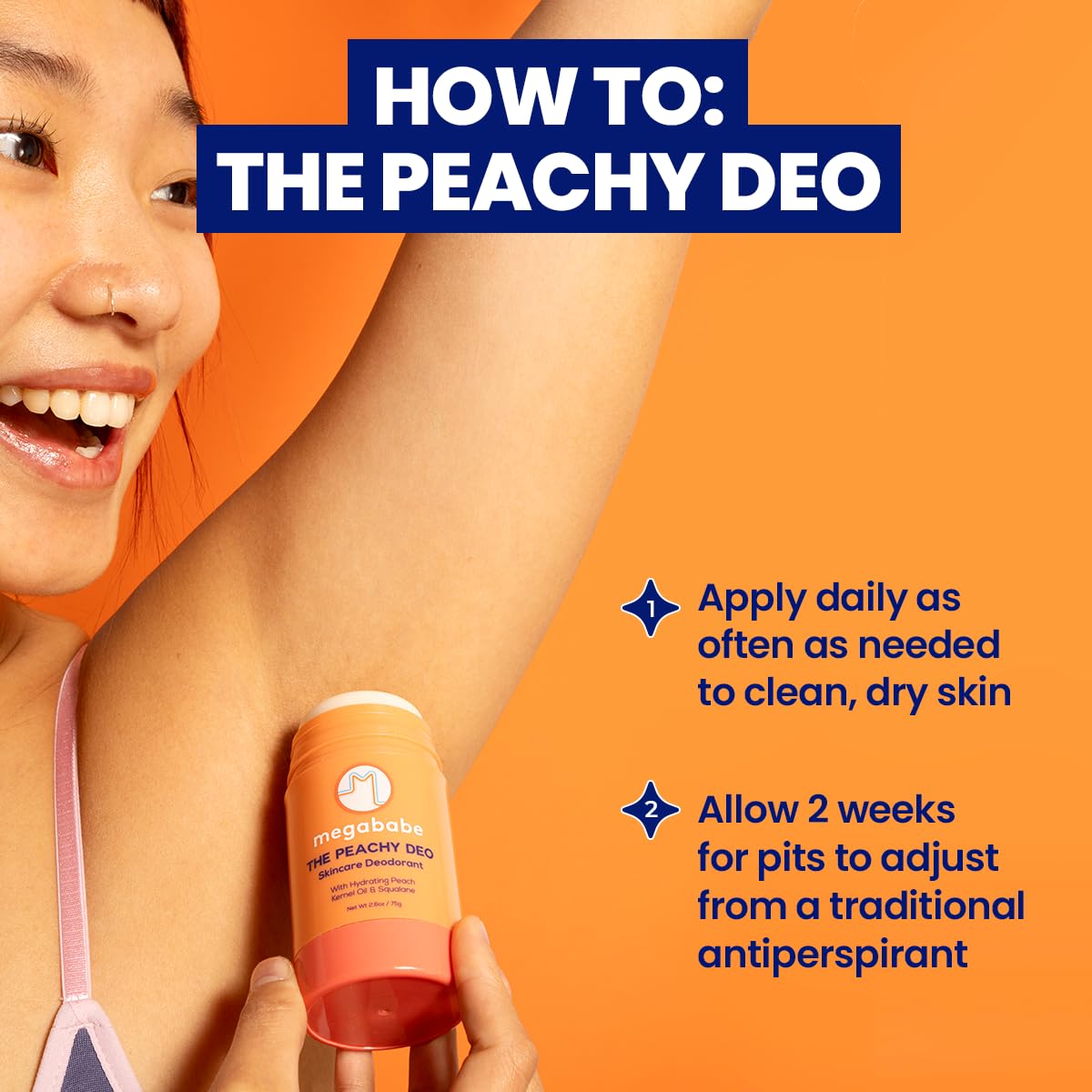 Megababe Peachy Deo 72hour-protection visual emphasizes extended odor control in daily wear.