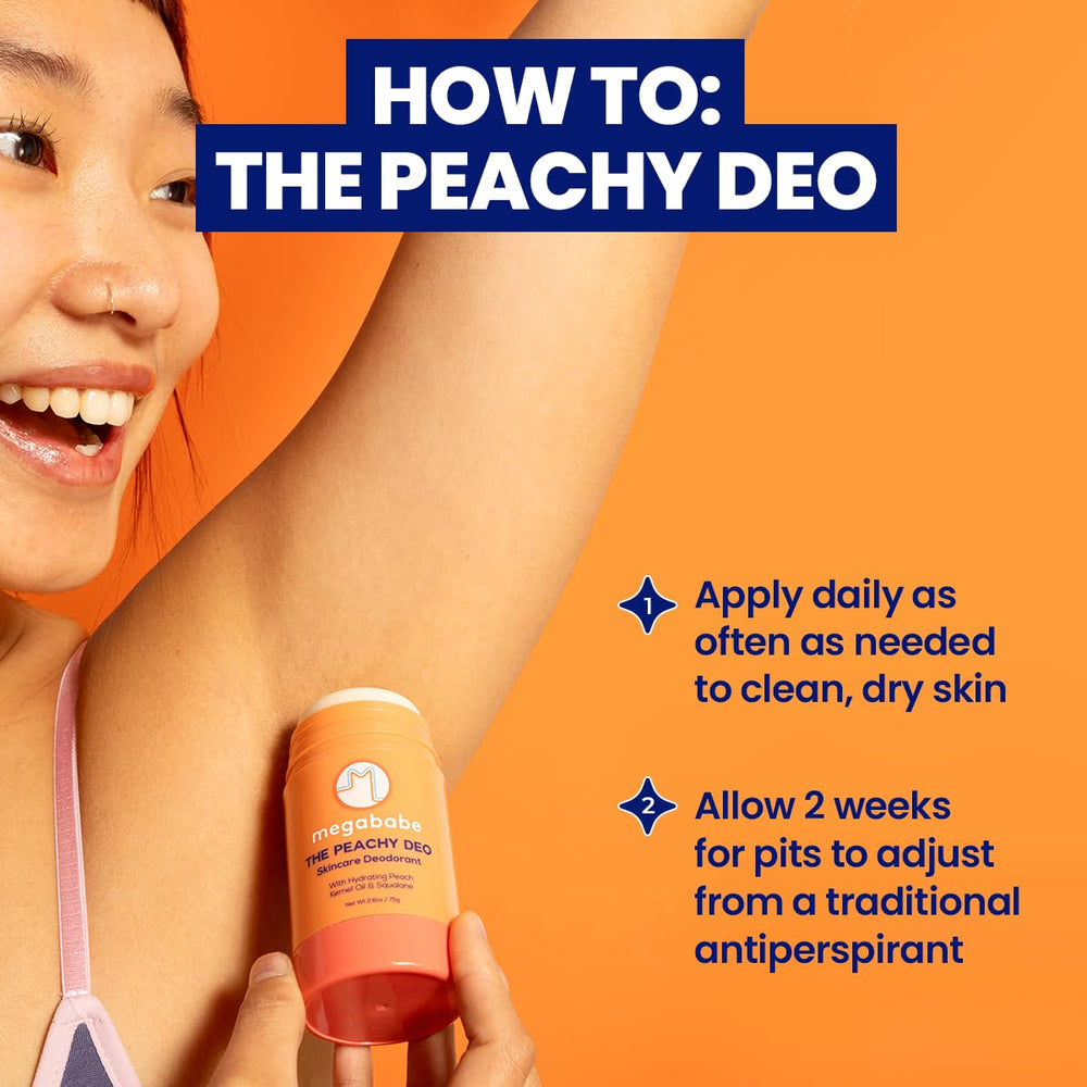 Megababe Peachy Deo 72hour-protection visual emphasizes extended odor control in daily wear.