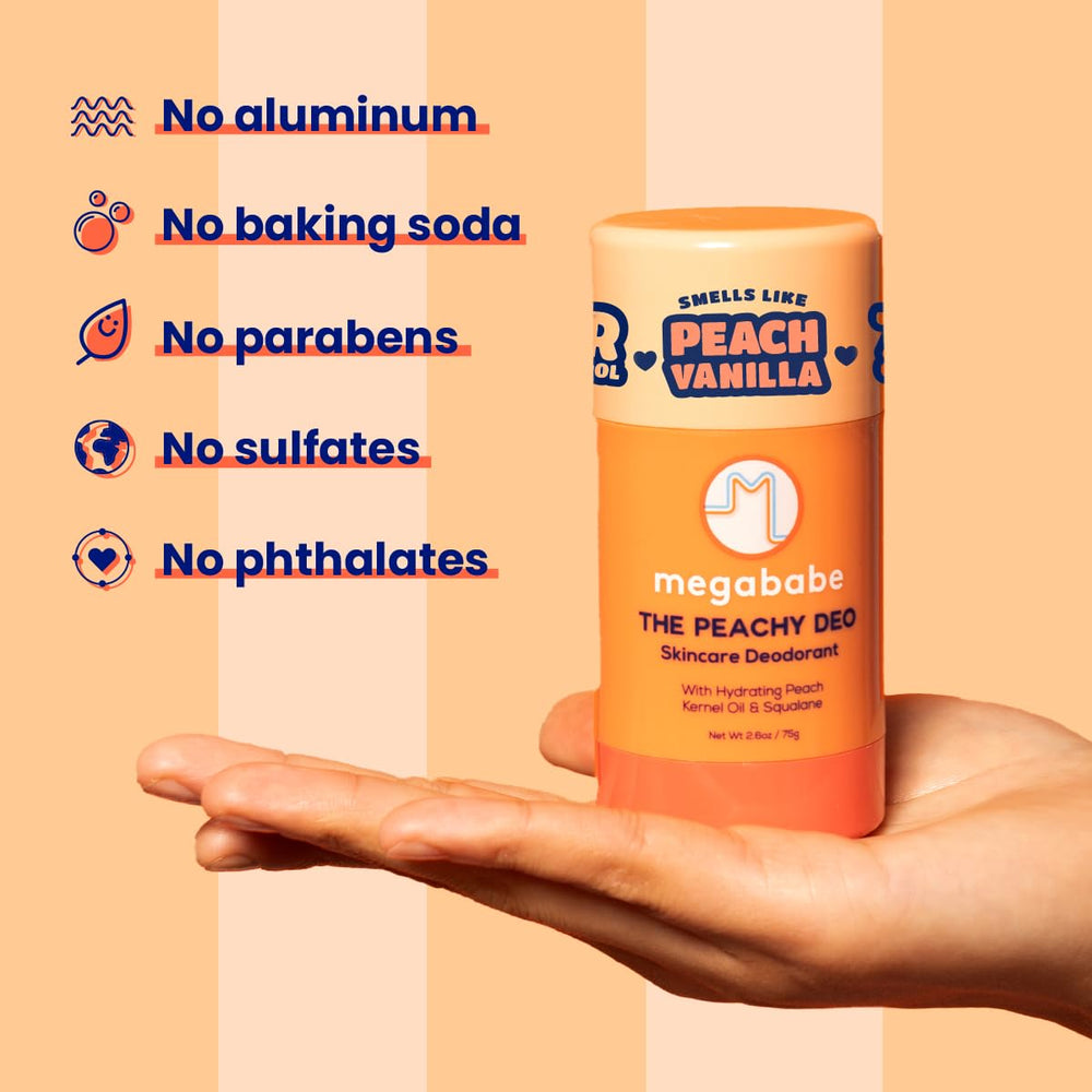 Megababe Peachy Deo aluminum-free label promotes non-toxic, sensitive-skin-friendly use.