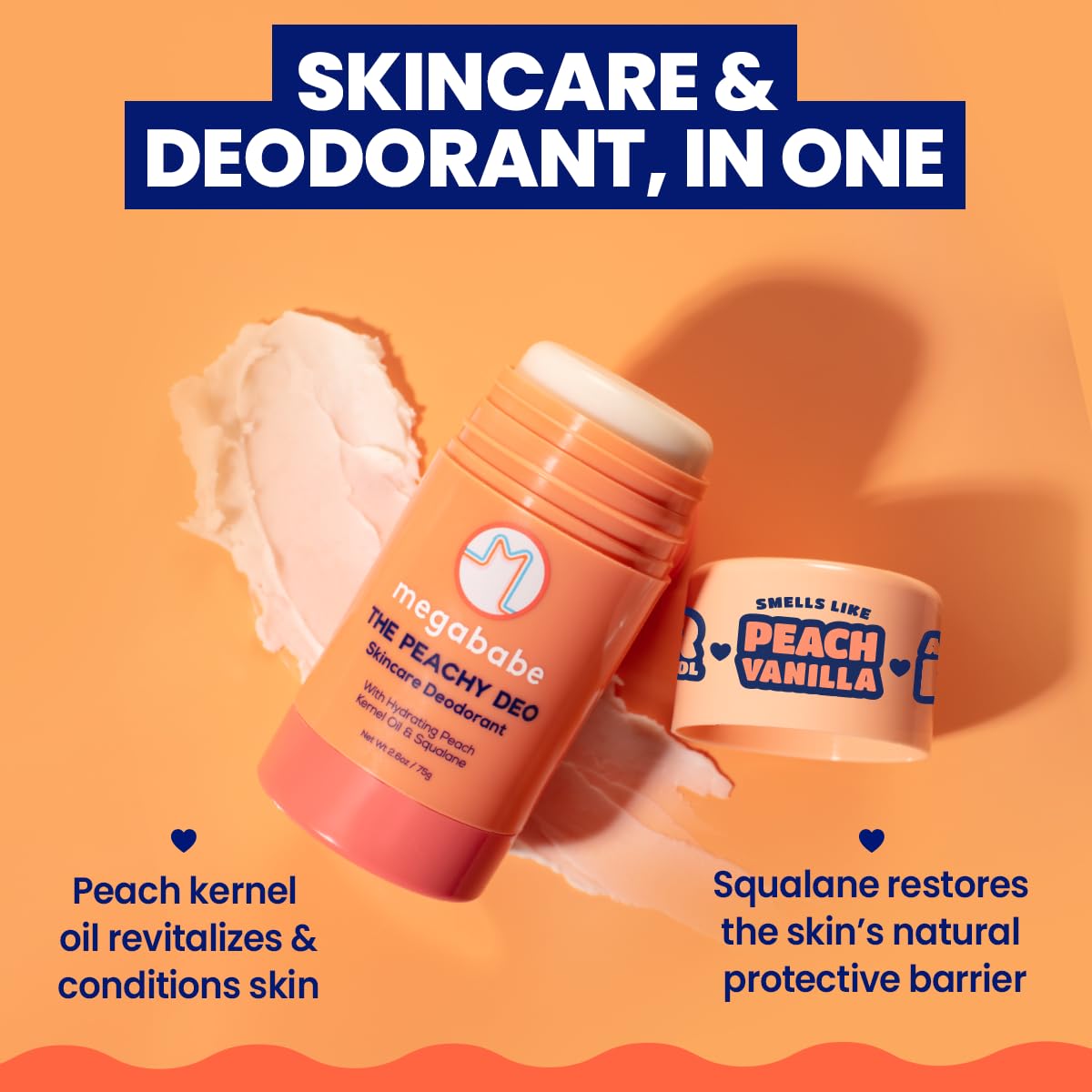 Megababe Peachy Deo ingredients focus on peach kernel oil and squalane for skin care benefits.
