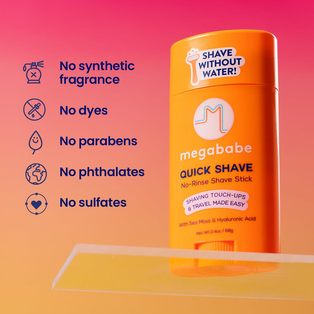 Megababe Quick Shave Stick used on bikini area for precise grooming.