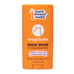 Megababe Quick Shave Stick packaging highlights travel-ready shaving convenience.
