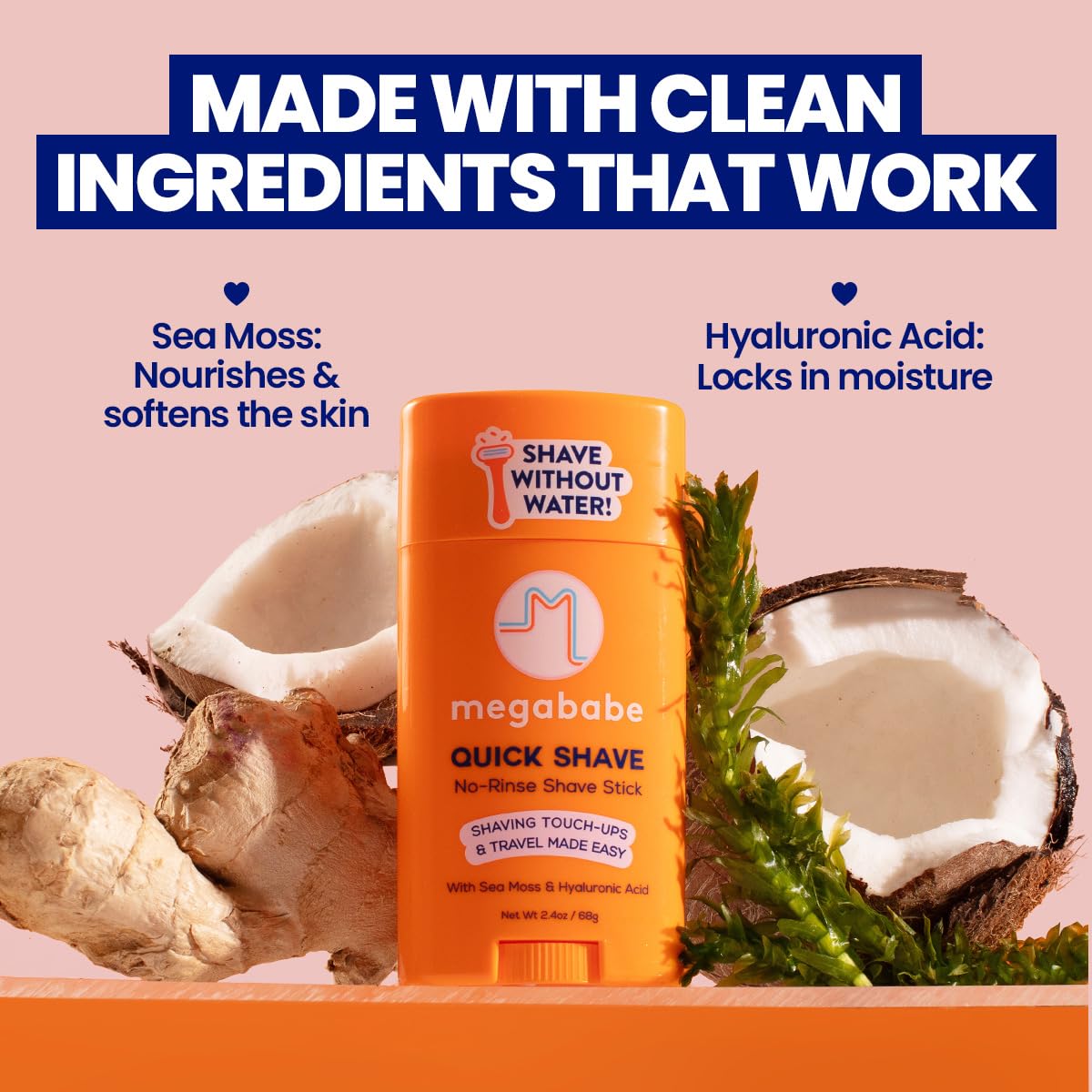 Megababe Quick Shave Stick tube opened shows no-rinse, mess-free usage.