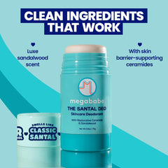 Ingredients of Megababe Santal Deo focusing on natural and restorative components.