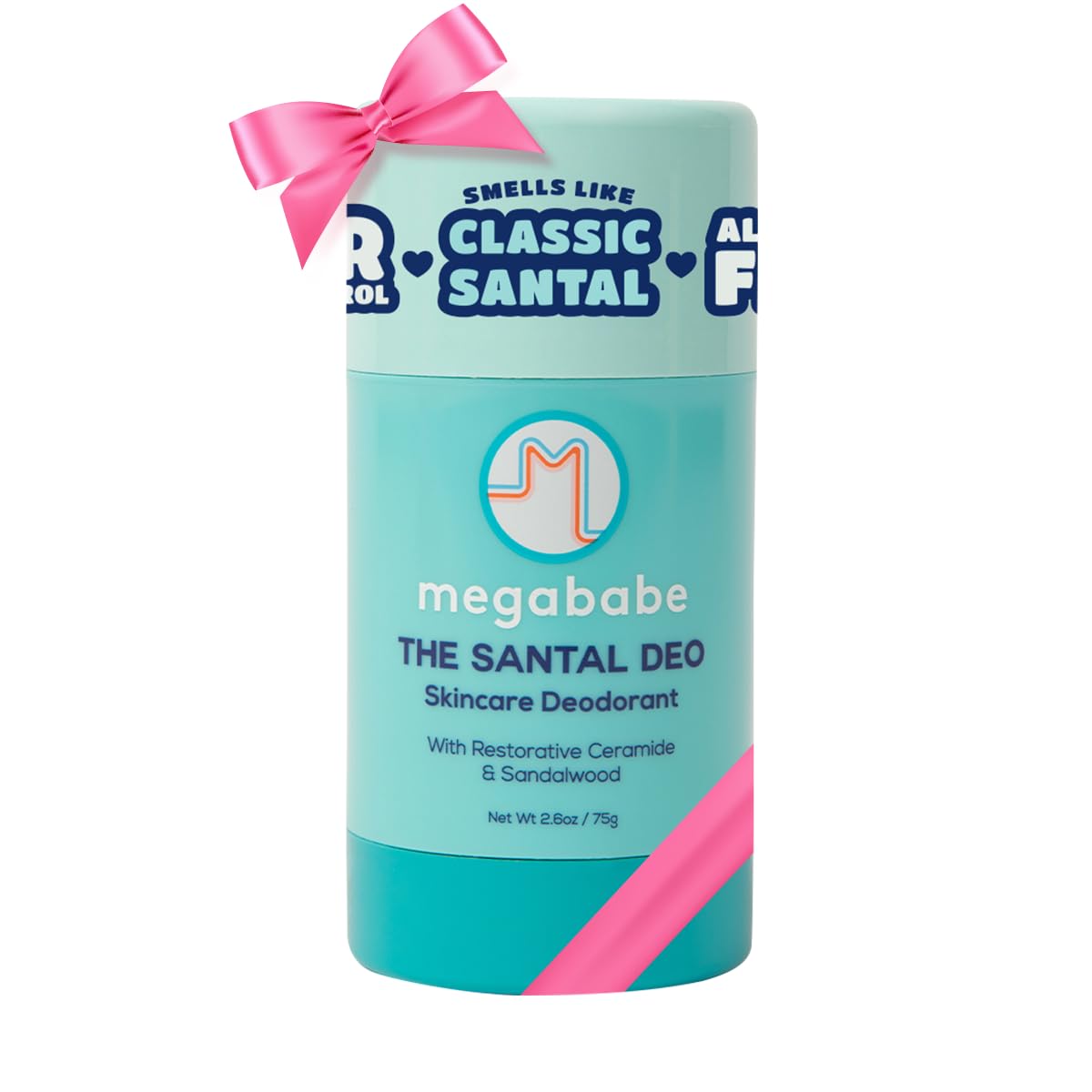 Megababe Santal Deo product showcasing its aluminum-free formula and 72-hour protection.
