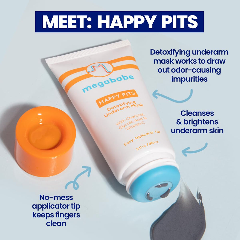 Megababe Happy Pits applicator image highlights mess-free mask application