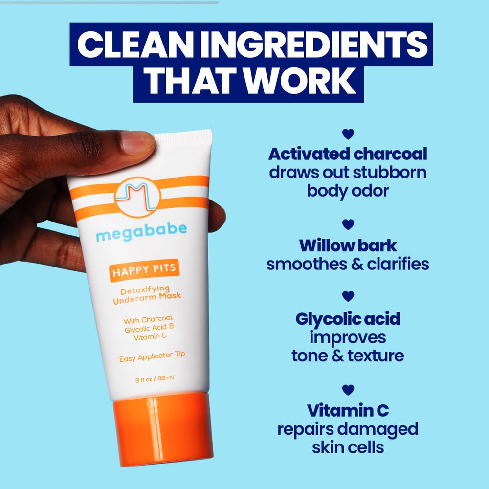 Megababe Happy Pits charcoal texture image emphasizes detoxifying formula