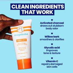 Megababe Happy Pits charcoal texture image emphasizes detoxifying formula