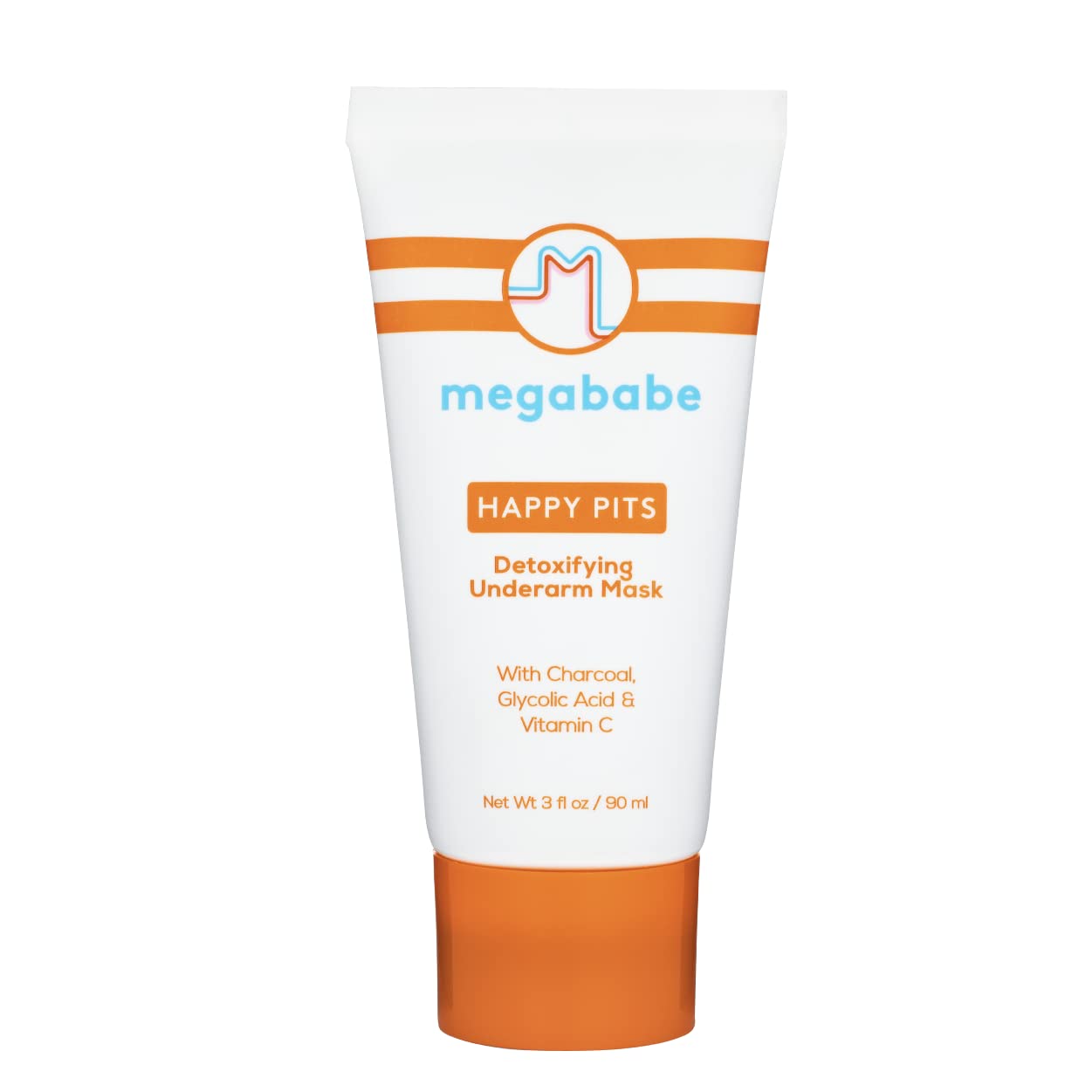 Megababe Happy Pits jar closeup shows detoxifying charcoal for cleaner pores