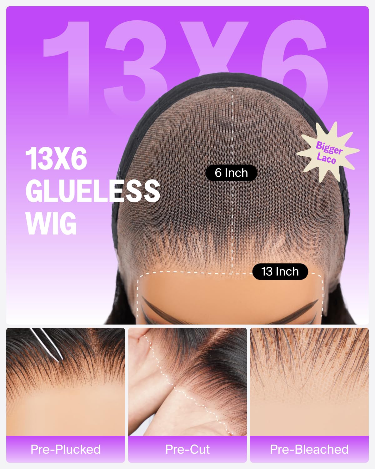 Megalook Hair glueless 13x6 lace front wig cap construction shows breathable design for all-day wear