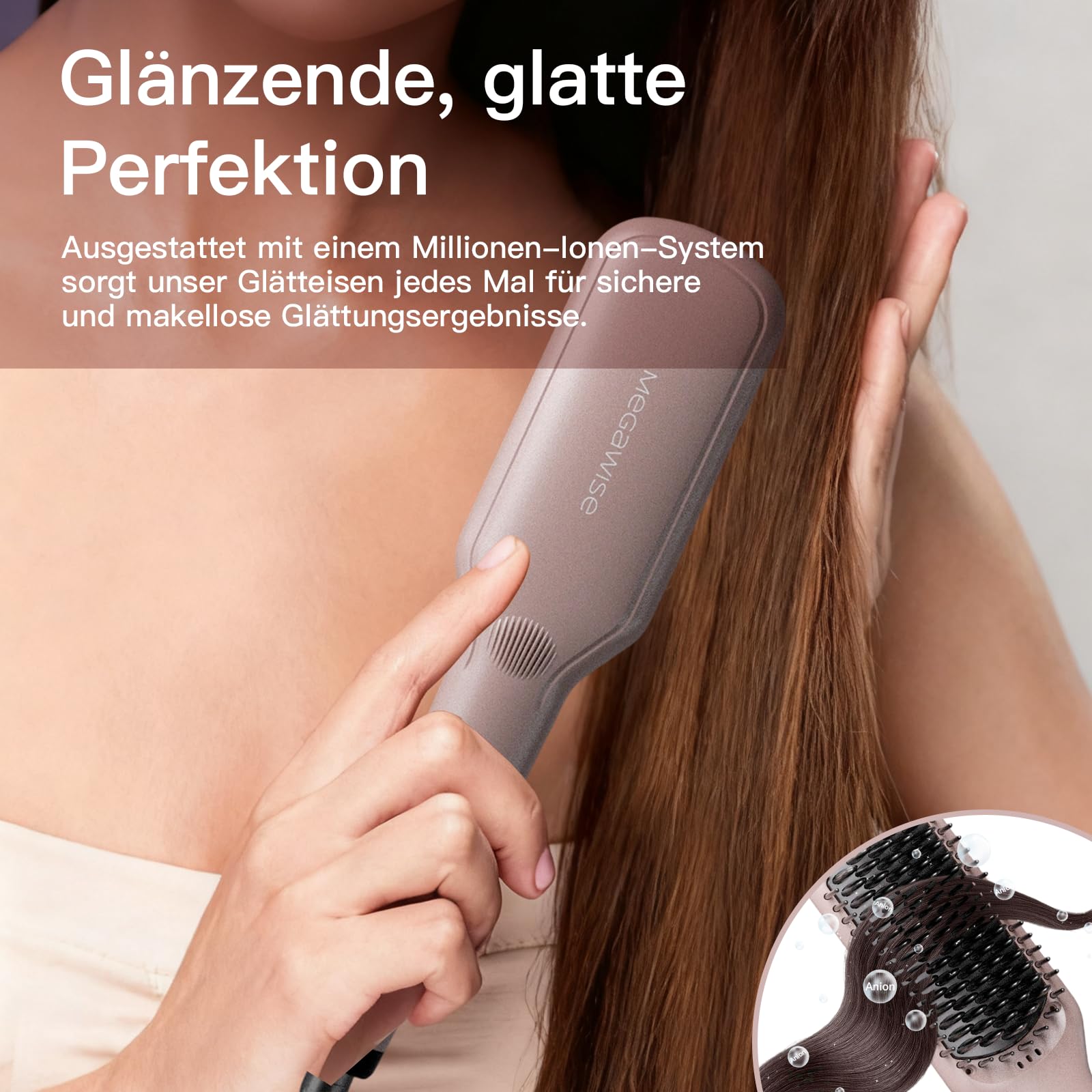 MEGAWISE hair straightener ceramic brush pink nano coating protects moisture while smoothing.