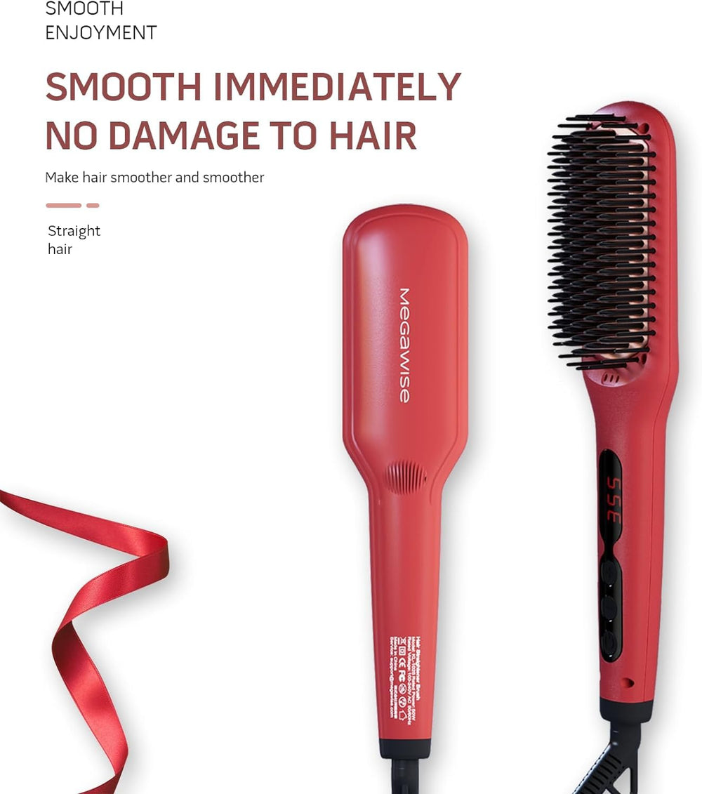 MEGAWISE Pro Ceramic Ionic Hair Straightener Brush LCD display showing precise temperature control.