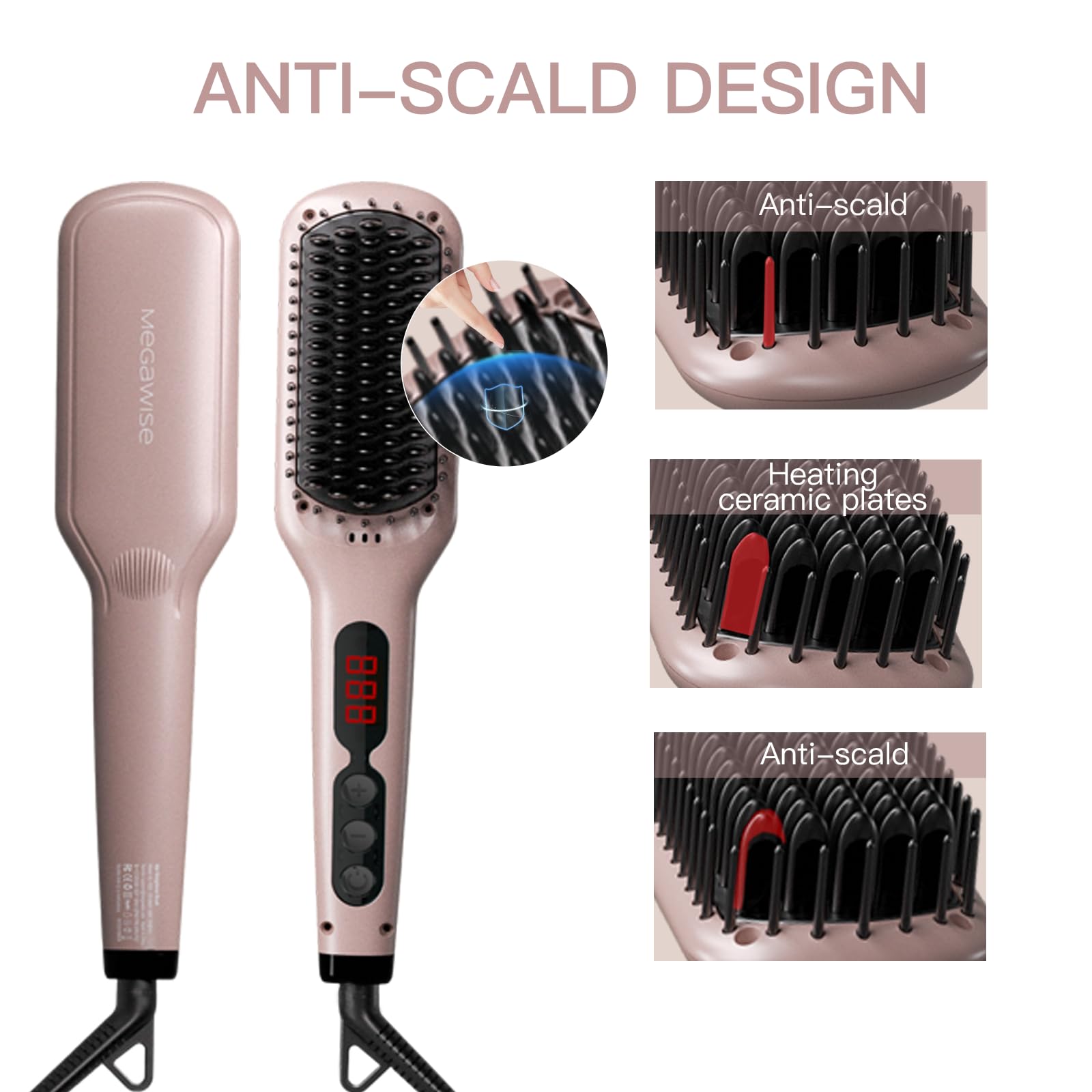 MEGAWISE Pro heat dial shows adjustable temperature for personalized straightening results.