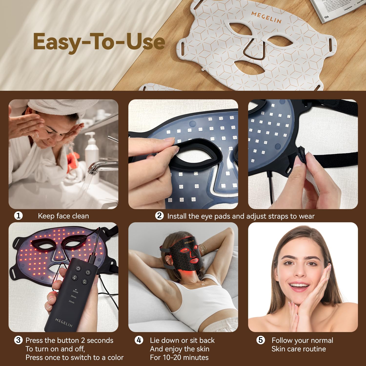 MEGELIN rechargeable LED mask with USB charging for convenience