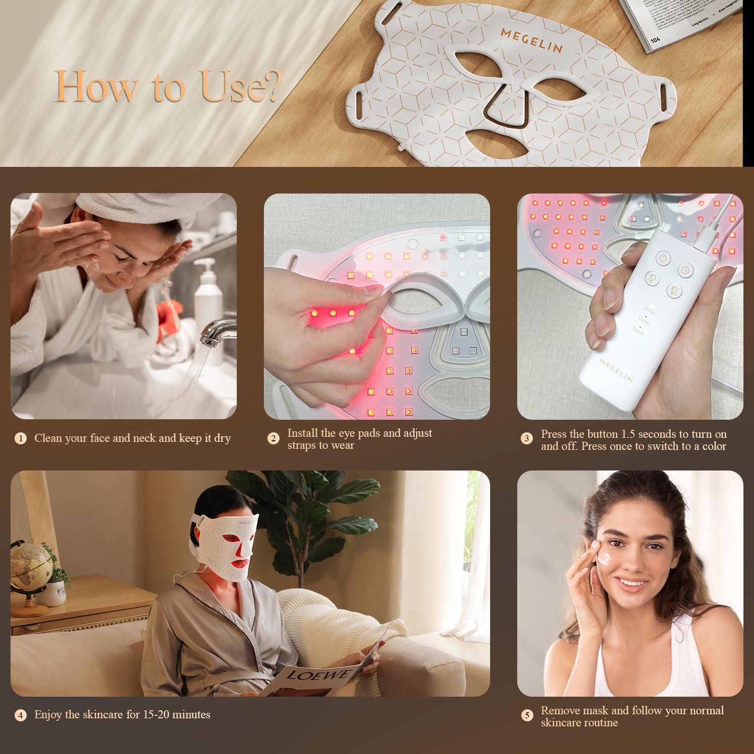 MEGELIN skin-care routine session showing convenient at-home use.