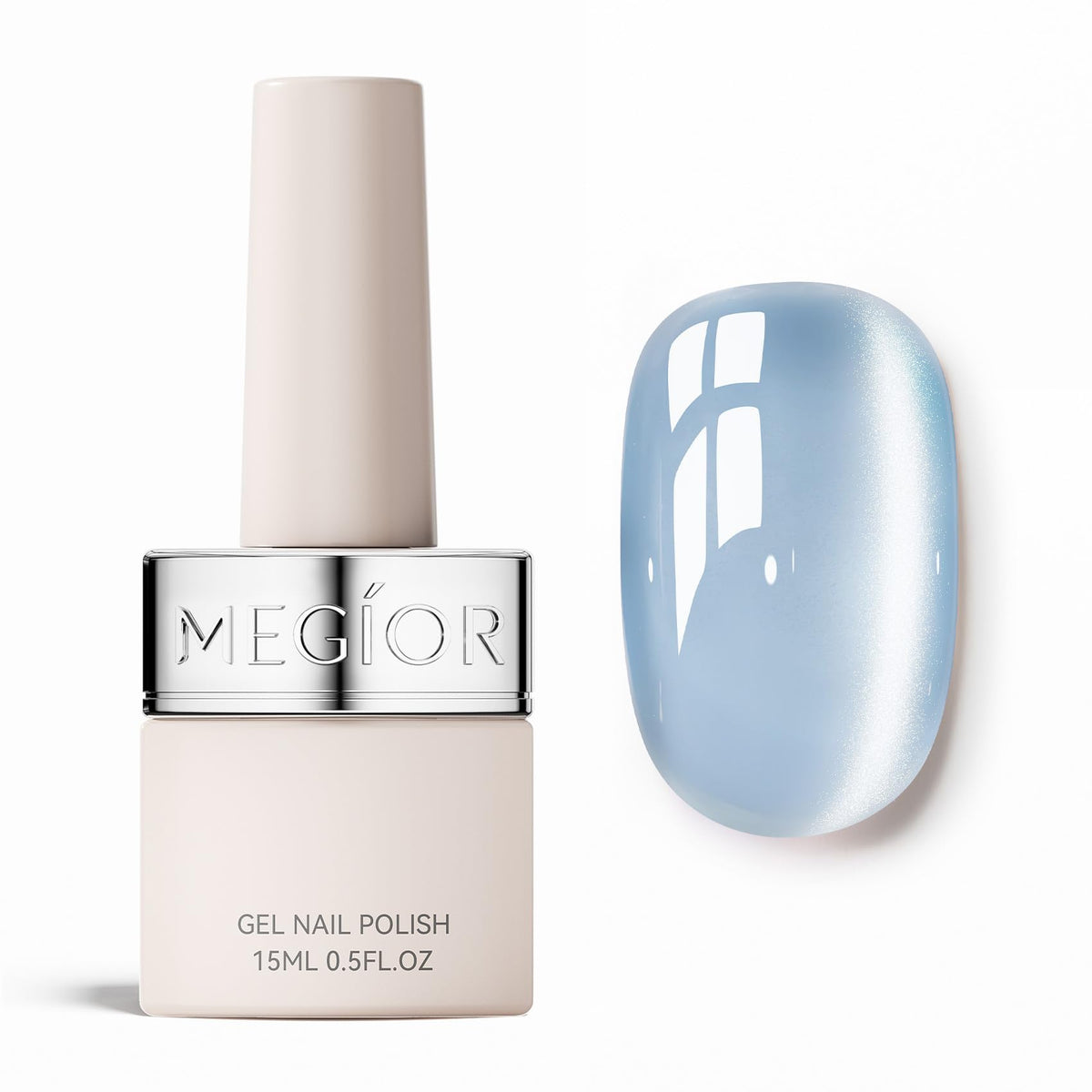 MEGIOR cat-eye nail polish bottle with blue glitter and holographic shine.