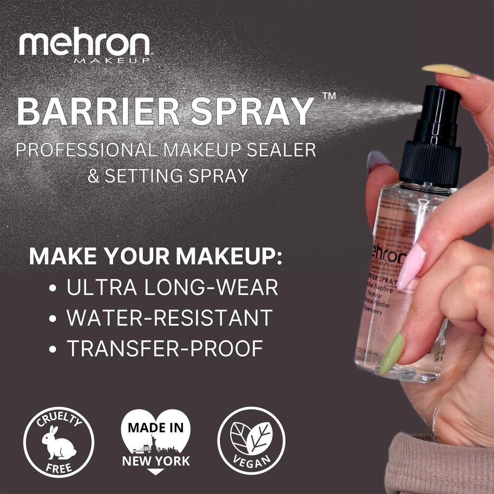 Mehron Barrier Spray application demonstrates easy, even setting after makeup.