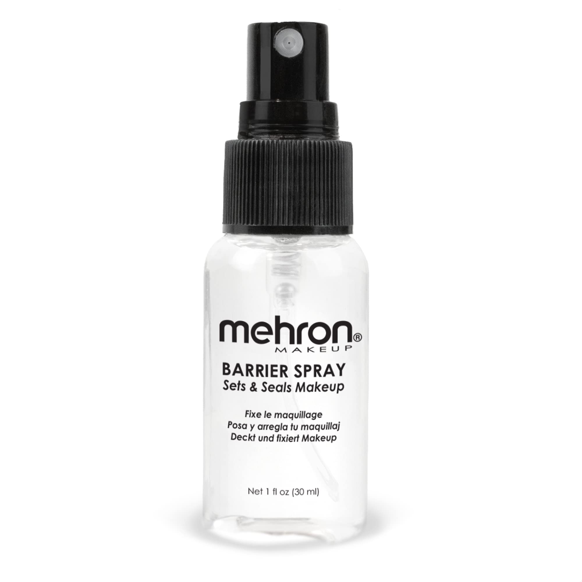 Mehron Barrier Spray bottle close-up showing premium packaging for long-lasting makeup
