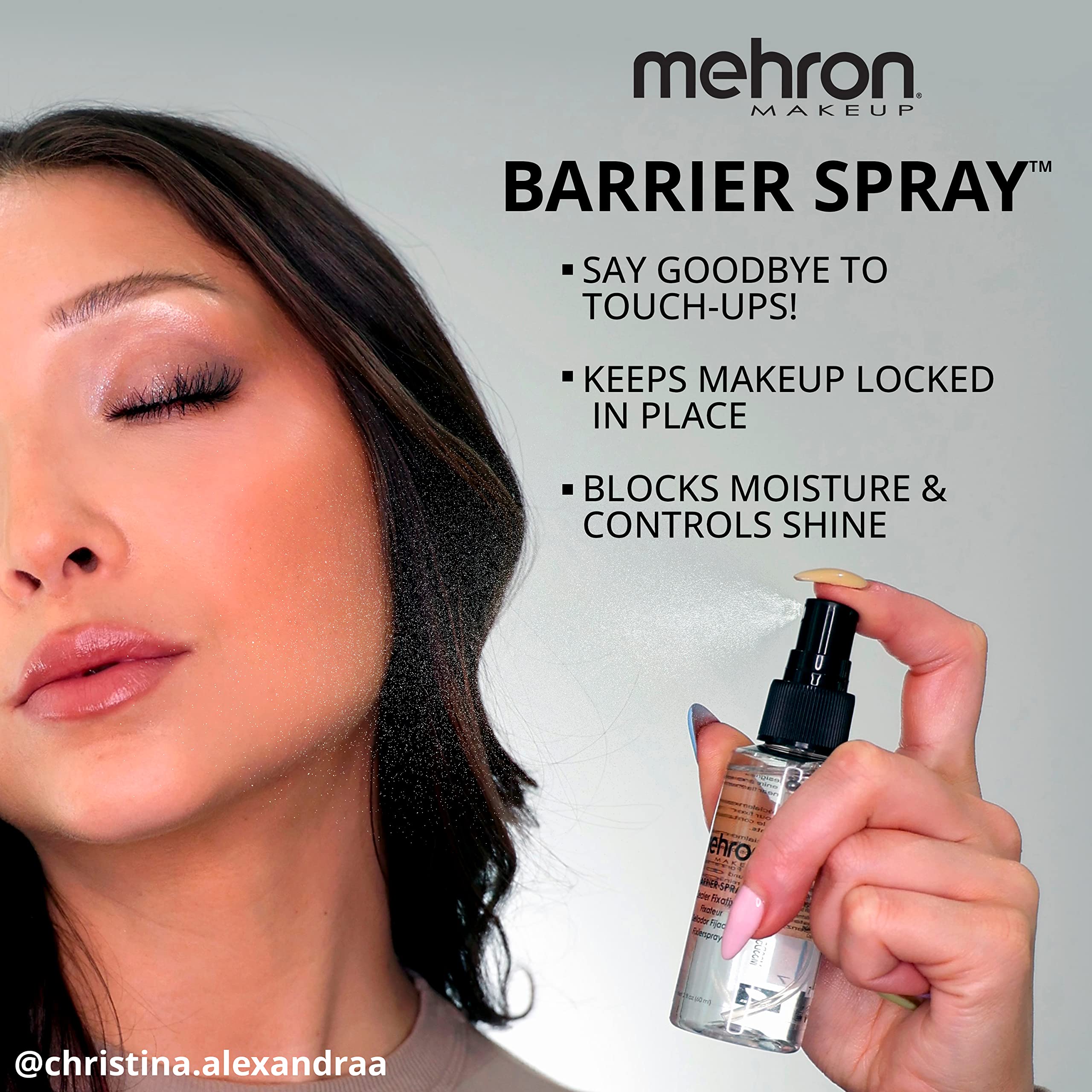 Mehron Barrier Spray applying mist on face during makeup application for durability