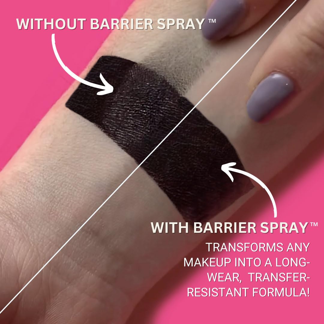 Mehron Barrier Spray label highlights vegan, cruelty-free formula for all-day protection.
