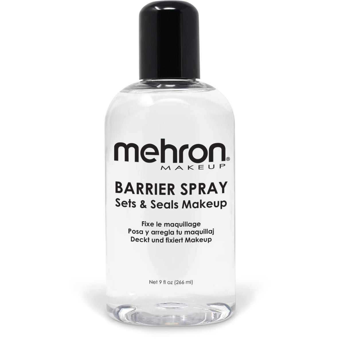 Mehron Barrier Spray packaging close-up showing professional-grade hold