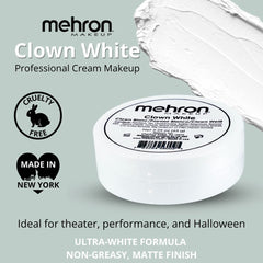 Mehron Clown White 65g packaging close-up for professional stage makeup use.