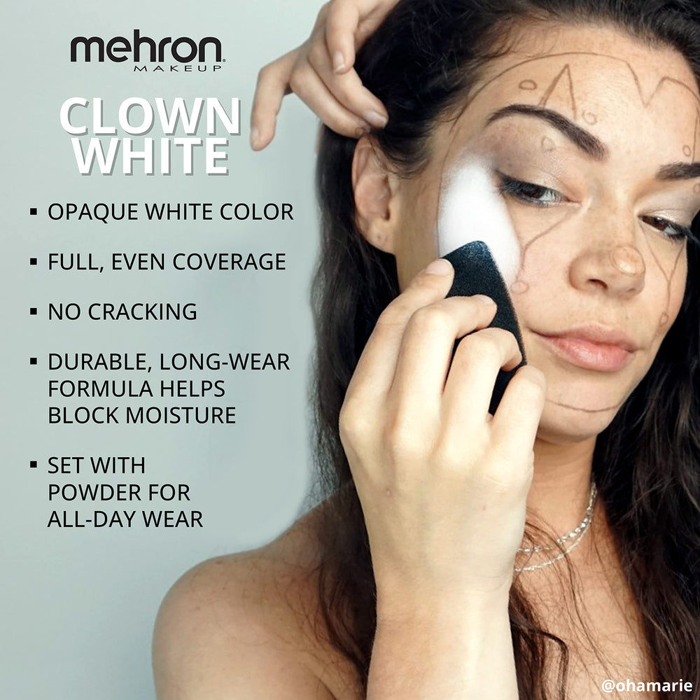 Mehron Clown White on-set stage performance look demonstrates durable color.