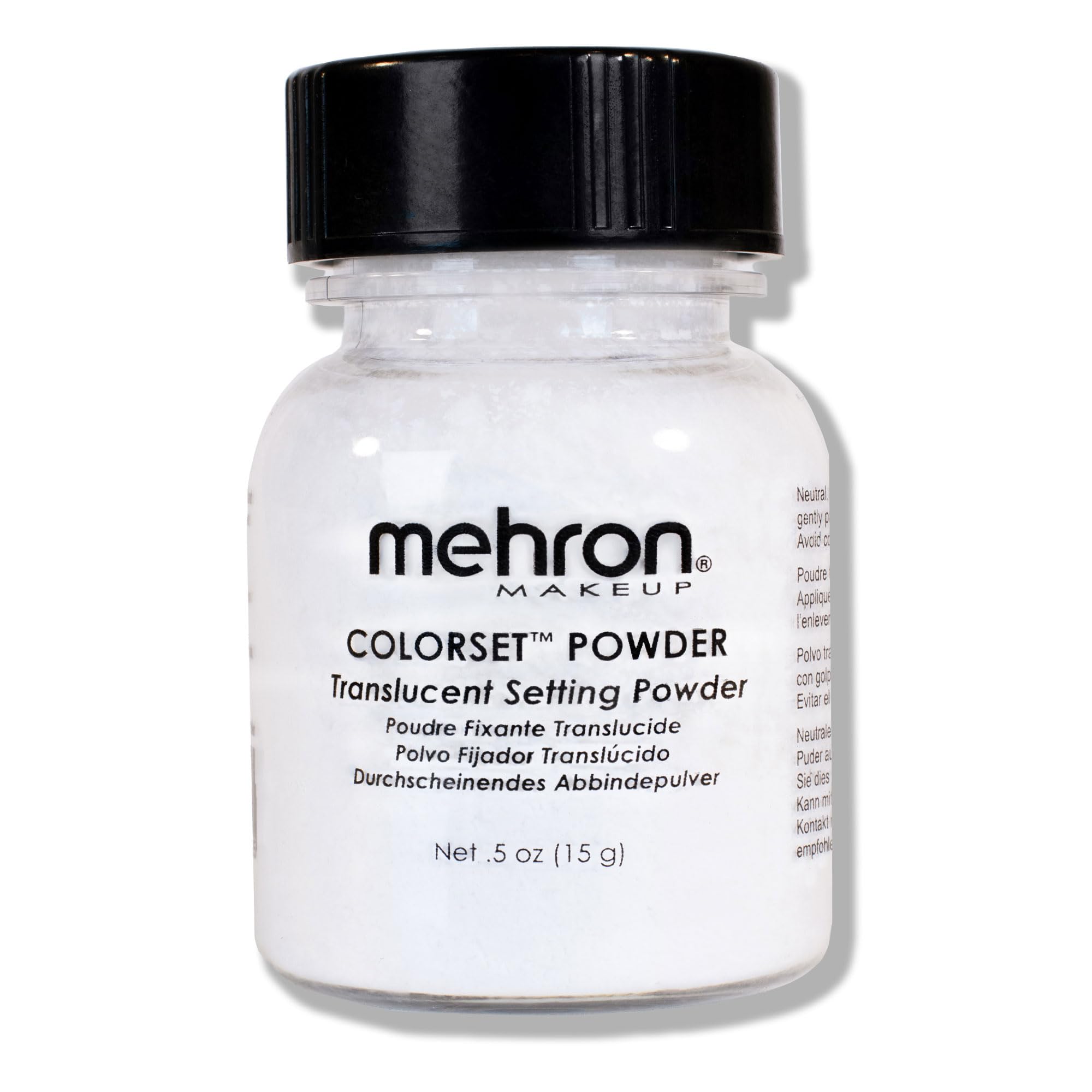 Mehron Colorset powder jar close-up showing oil-absorbent translucent setting powder