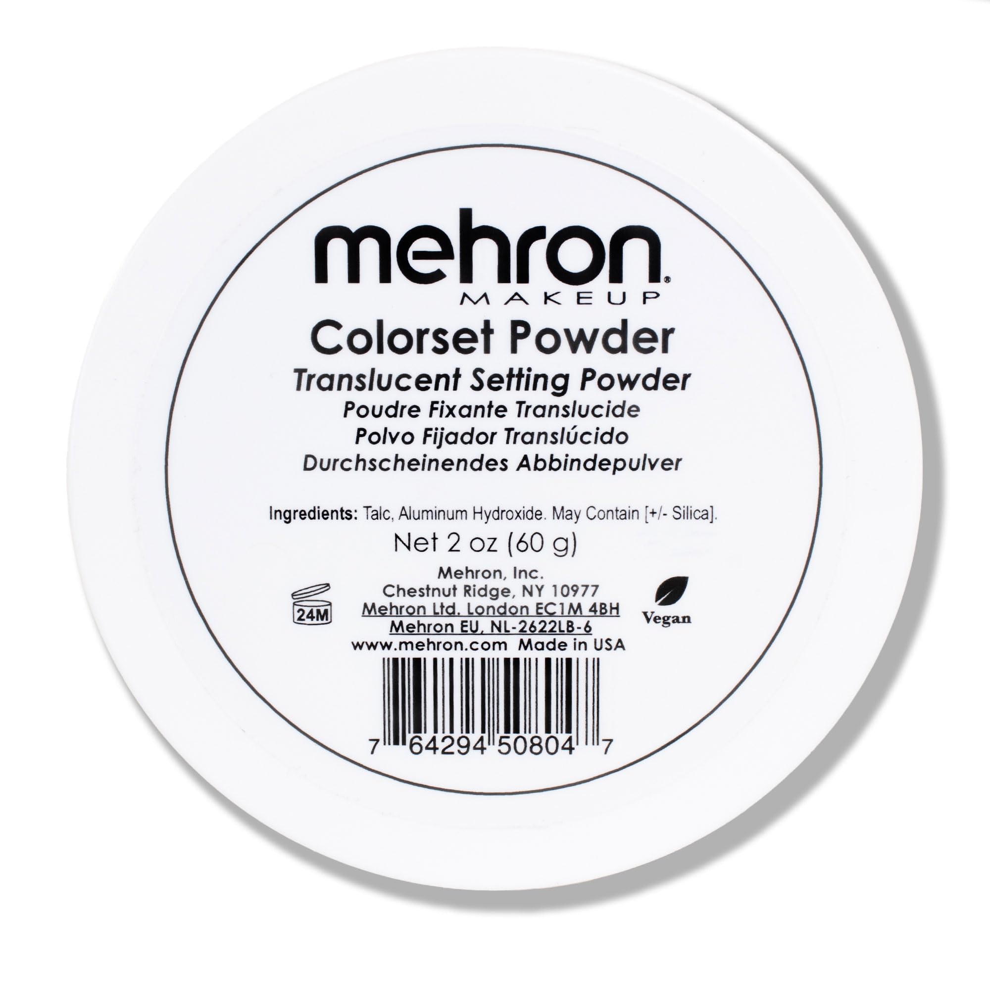 Mehron Colorset Powder packaging shown for professional-grade setting and oil absorption.