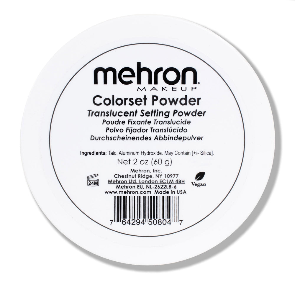 Mehron Colorset Powder packaging shown for professional-grade setting and oil absorption.