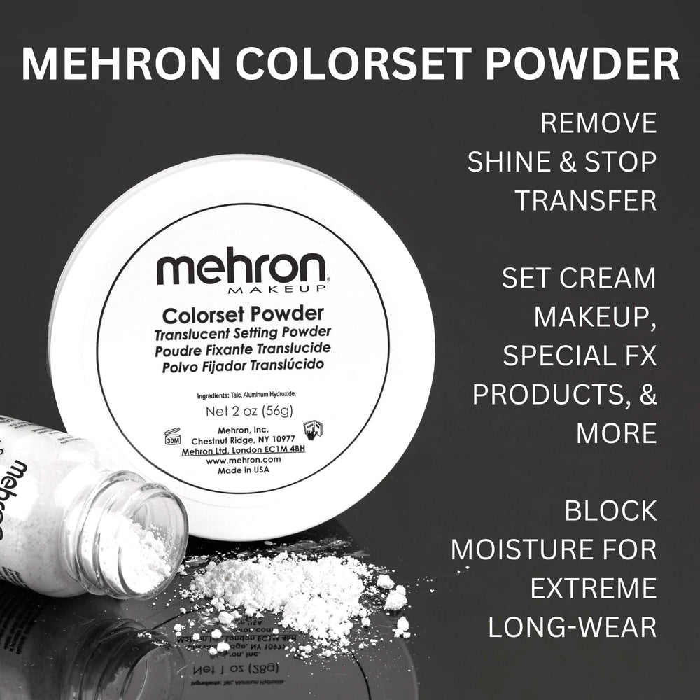 Mehron Colorset Powder setting-matte-finish captures translucent, oil-absorbing setting for flawless photos.