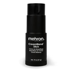 Mehron CreamBlend Stick black face paint swatch shows bold pigment for Halloween looks.