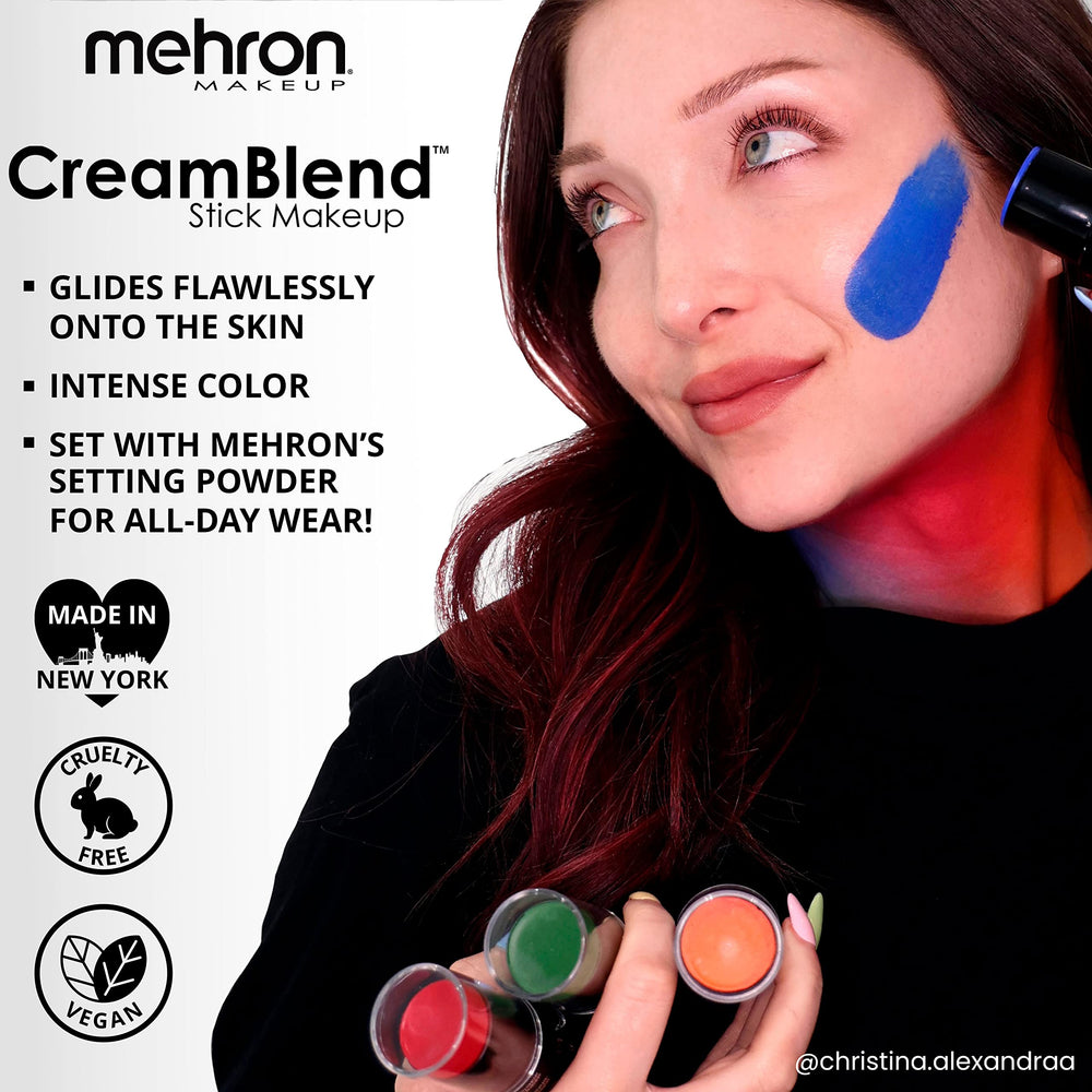 Mehron CreamBlend Stick used for a dramatic Halloween look on the model.