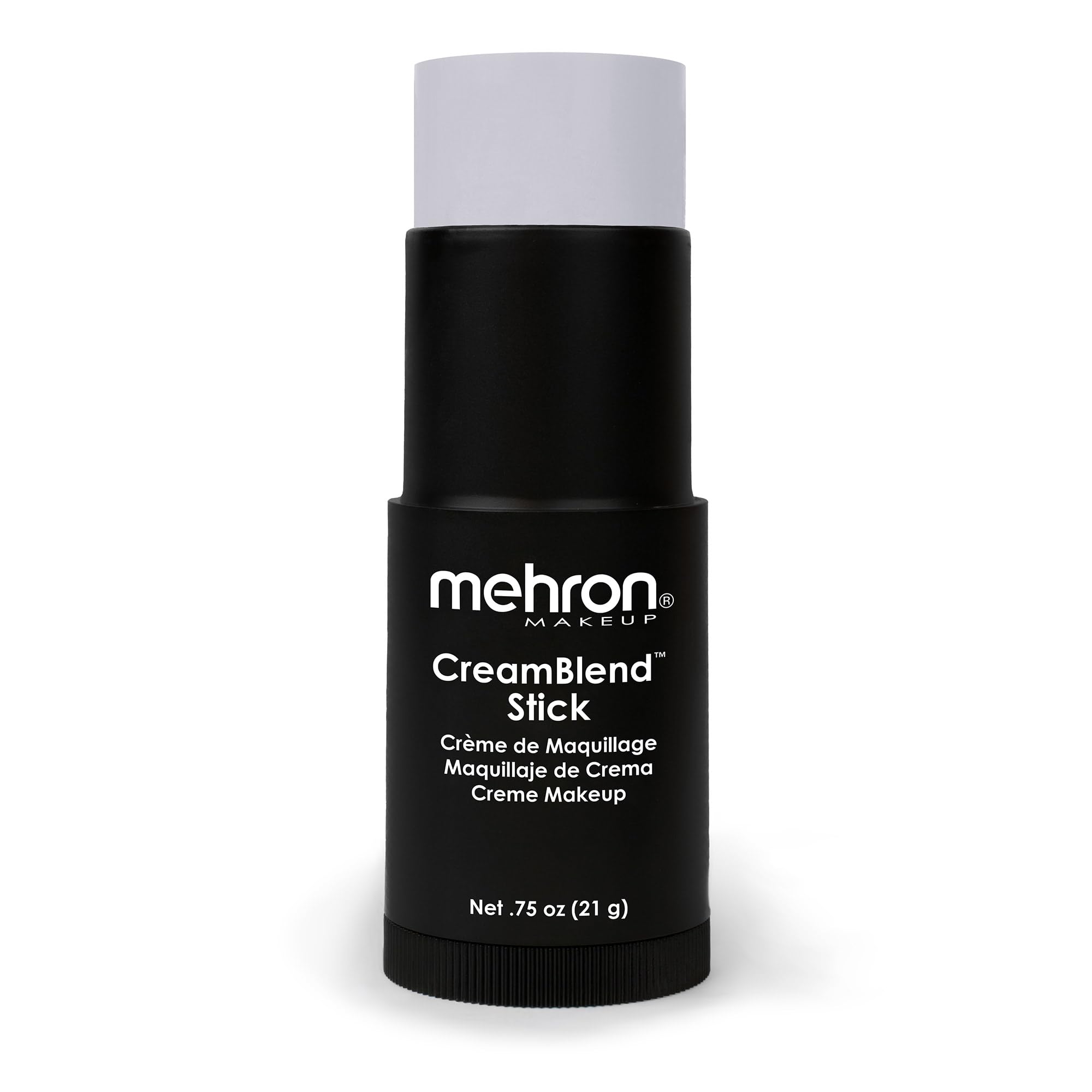 Mehron CreamBlend Stick light-grey packaging close-up highlights premium USA-made quality.