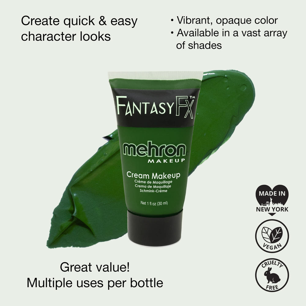 Mehron Fantasy FX green cream makeup swirl on skin shows smooth coverage.
