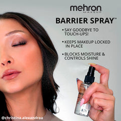 Mehron Makeup Barrier Spray mist demonstrates fine spray for transfer-proof wear.