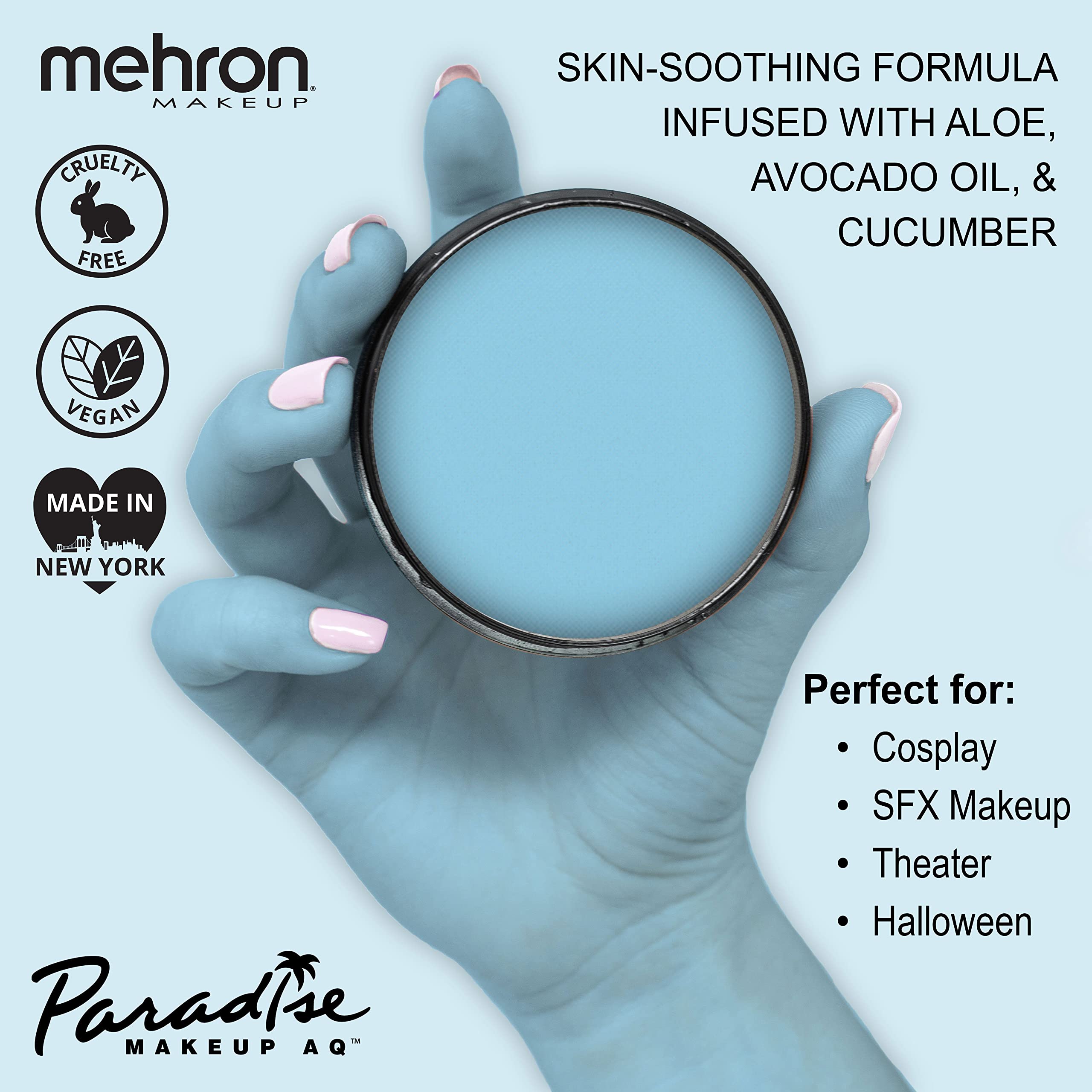 Mehron Paradise AQ light blue swatch on arm shows rich pigment and blendability.
