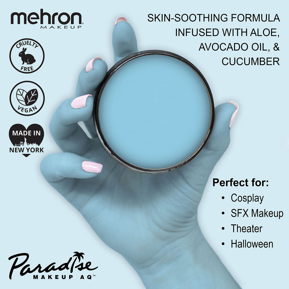 Mehron Paradise AQ light blue swatch on arm shows rich pigment and blendability.