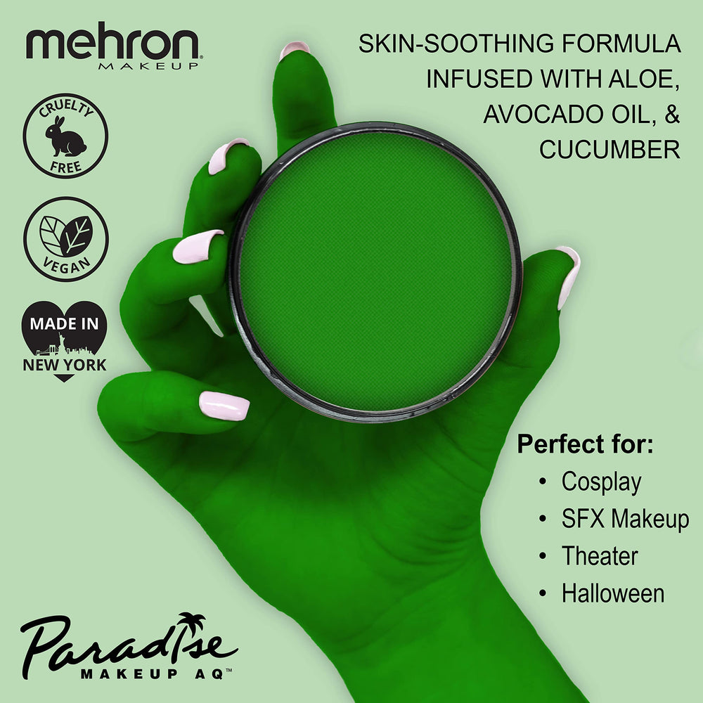 Mehron Paradise Makeup AQ pigment rows display rich, blendable color options.