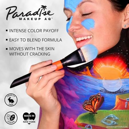 Mehron Paradise Makeup AQ USA-made cruelty-free badge signals ethics and quality.